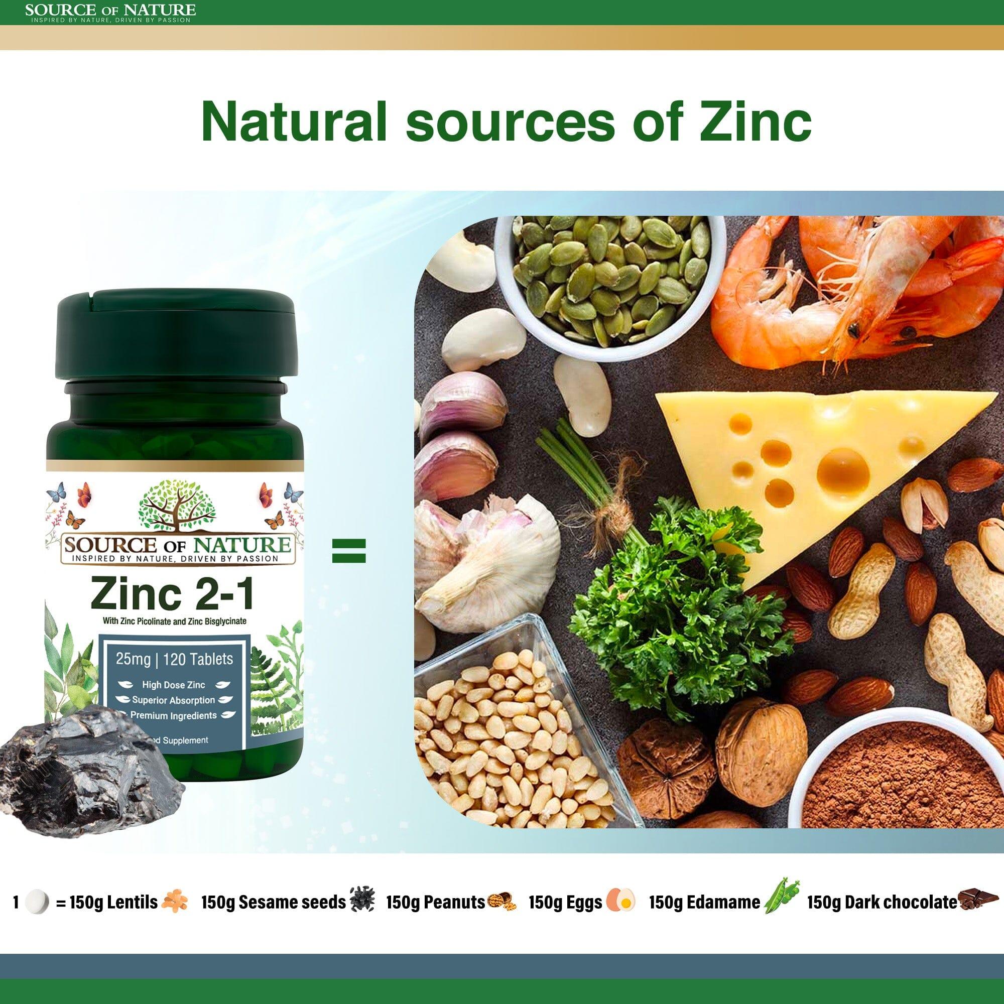 2-en-1 Zinc 25mg | 120 Comprimés | Approvisionnement de 4 mois - Source of Nature